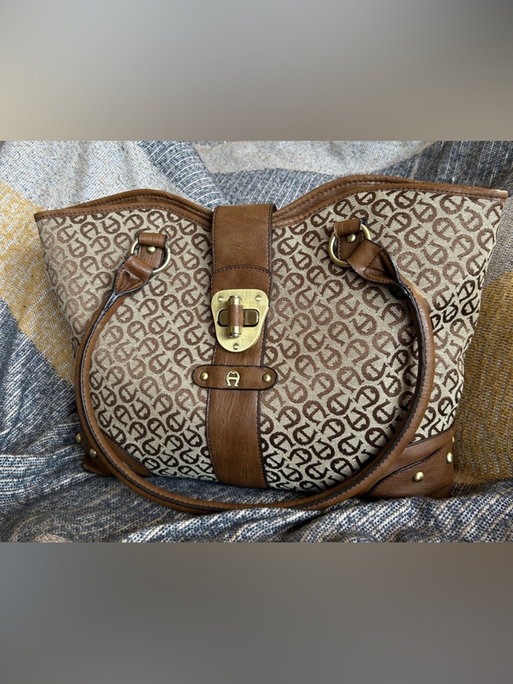 Etienne Aigner Brown Monogram Canvas and Leather Shoulder Bag